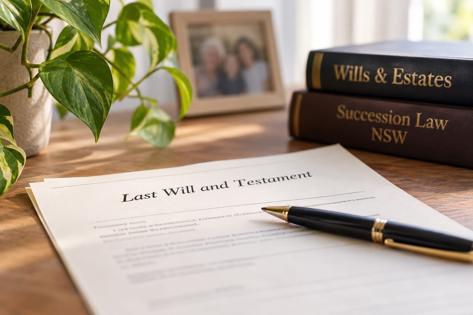 Last will and testament with a pen on a desk beside wills and estates law books